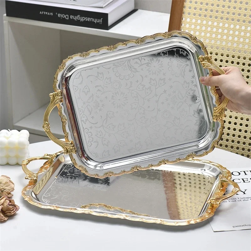 

For Home Room Display Luxury Gold Silver Serving Tray Middle Eastern Style Decorative Fruit Jewelry Dessert Nut Snack Plate