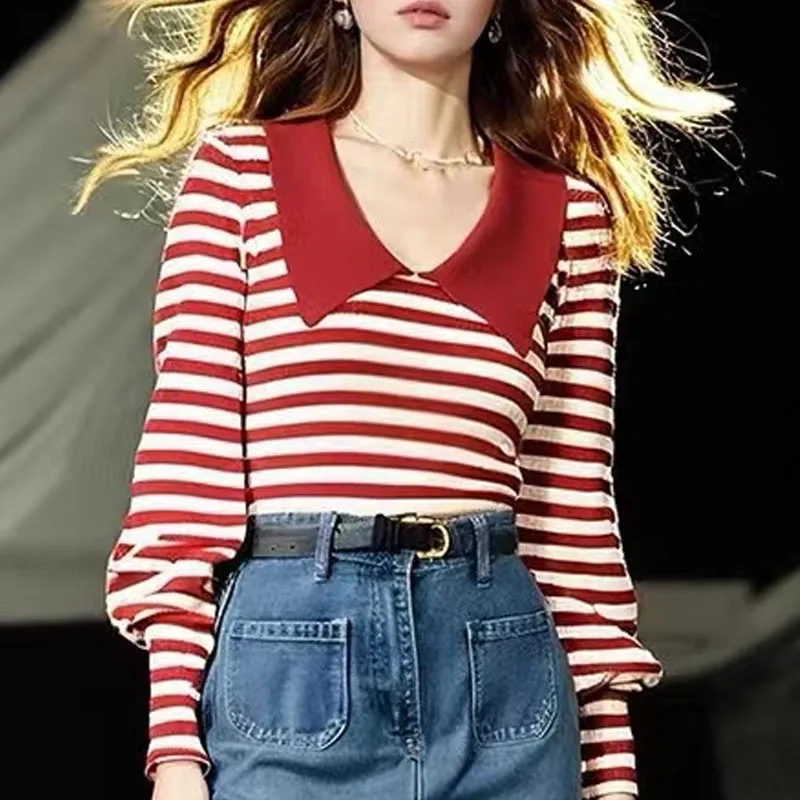 เสื้อสเวตเตอร์ถักคอปกตุ๊กตาสำหรับผู้หญิง แฟชั่นแขนยาวลายทาง เสื้อไหมพรมถักแบบสวมหัวสำหรับผู้หญิง รุ่น Q2268