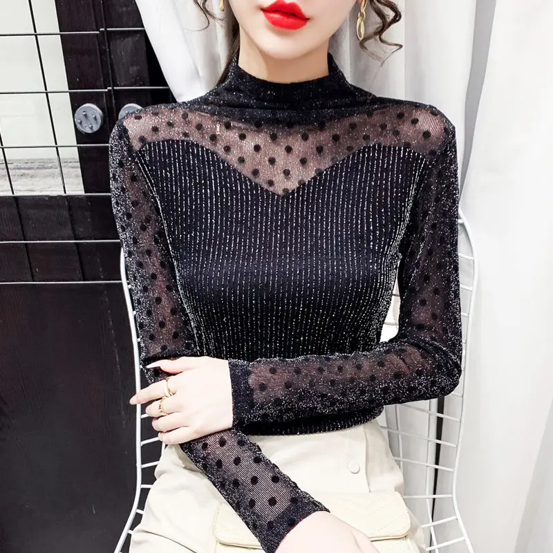 Mesh Autumn New Bottoming Shirt Pullover Sexy Clavicle Waist Half High Collar Long-sleeved Top All-match T-shirt for WomenYY91