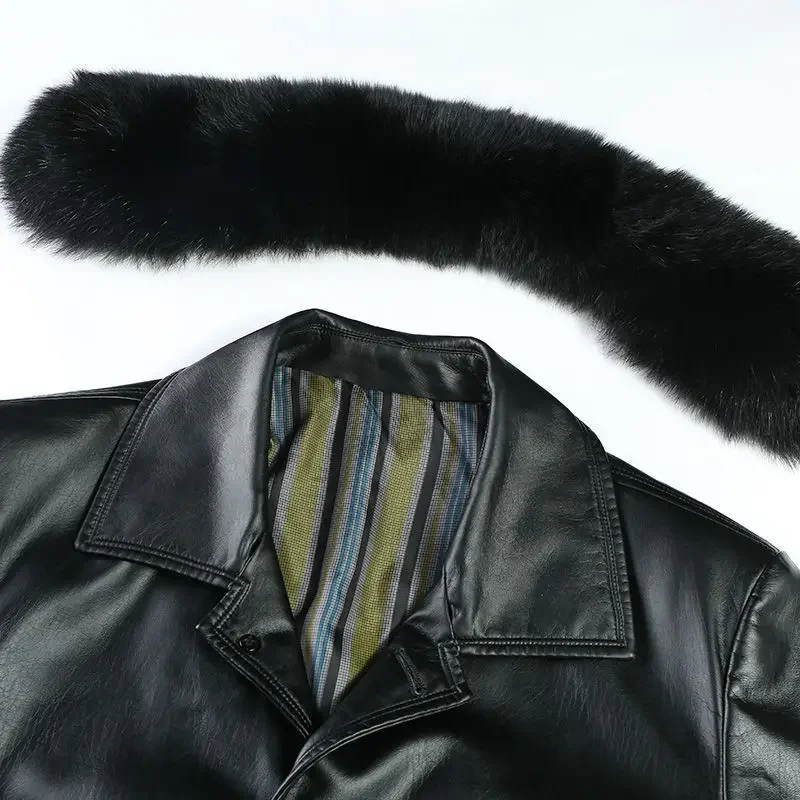 Leather Jacket Men Winter Jacket Men Medium Length Plush Thickened Leather Coat for Men Fur Collar Windbreaker for The Elderly