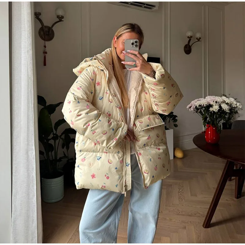 Unique Hooded Women's Winter Jacket Elegant Printed Thicken Pockets Full Sleeve Female Cotton Coat 2025 New Woman Coats Outwears