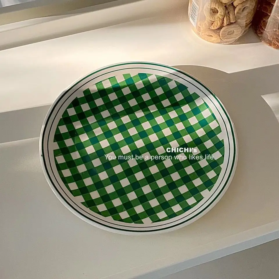 Korean Plate Vintage Green Grid Household Tableware Ins Blogger Ceramic Plate Household Dessert Dim Sum Plate Photo Decoration