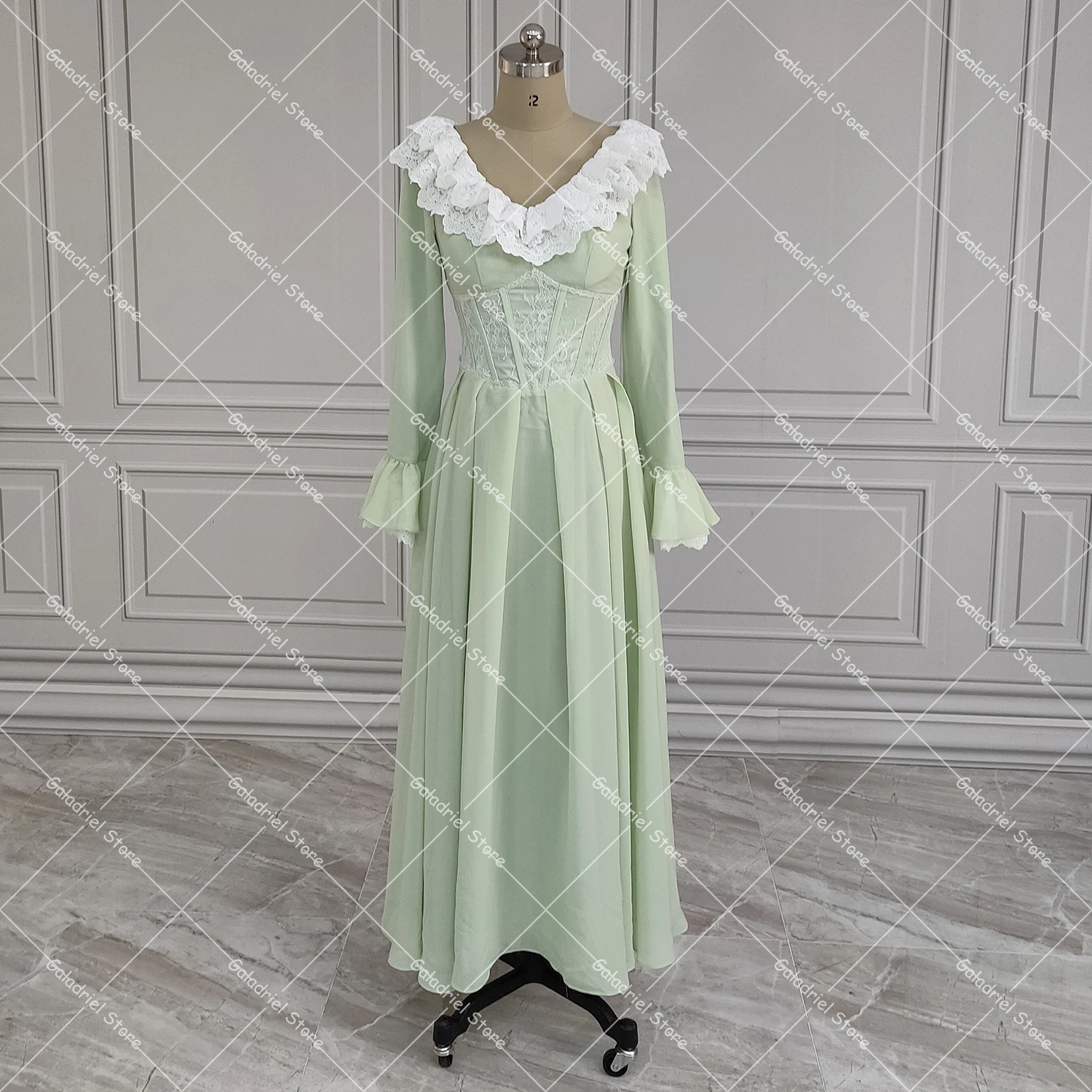 Robe de campagne corset à lacets en mousseline de soie, robe maxi, col en dentelle, robe vintage, longueur de rinçage, manoir cosplay, jugement personnalisé