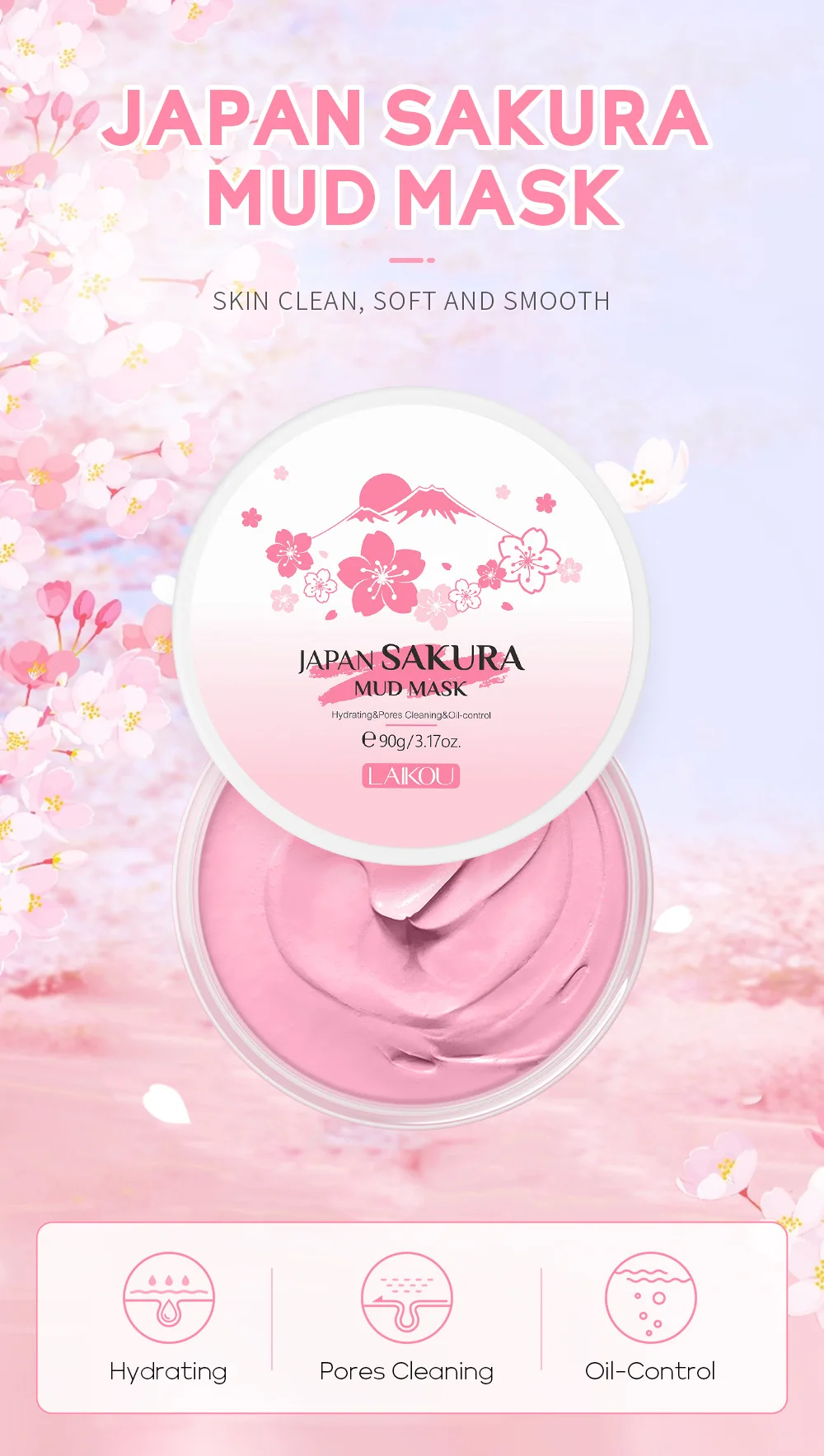 LAIKOU Sakura Clay Mask 25g/90g Deep Cleansing Oil Control Blackhead Removal Moisturizing Brightening Facial Skin Care