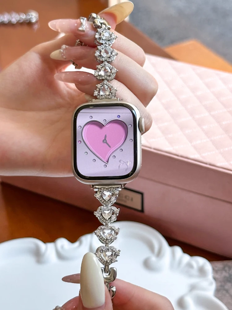 الحب القلب الماس الفرقة ل iWatch الترا 10 9 8 7 6 5 Se 4 المعادن امرأة حزام ل أبل ساعة 38 مللي متر 40 مللي متر 41 مللي متر 42 مللي متر 45 مللي متر 46 مللي متر 49 مللي متر