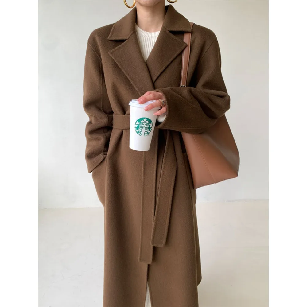 

SuperAen Solid Color Woolen Notched Waist Lace-up Slimming Coats for Women Winter 2026 New Korean Style Retro Coats