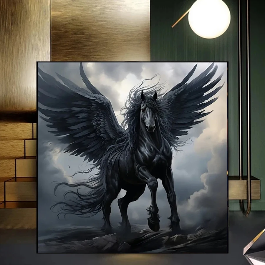 Full Square Round Diamond Embroidery Animal Black Horse Wings Handicraft Diamond Painting Cross Stitch Home Decoration