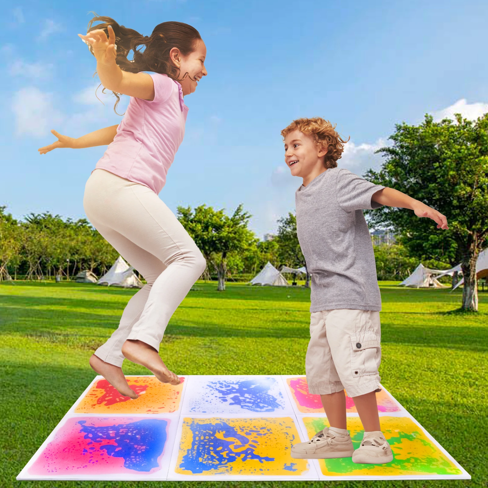 

High Contrast Liquid Sensory Floor Mat for Visual Play Zone Sensory Liquid Squares Multicolor Sensory Tiles 6PCS