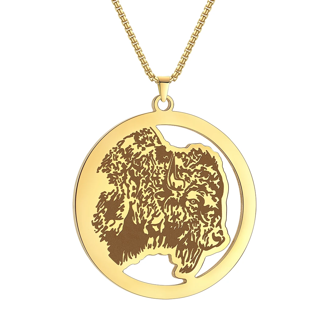 QIAMNI Stainless Steel American Buffalo Bison Necklace For Women Men Jewelry  Animal Pendant Choker Collar Birthday Gift