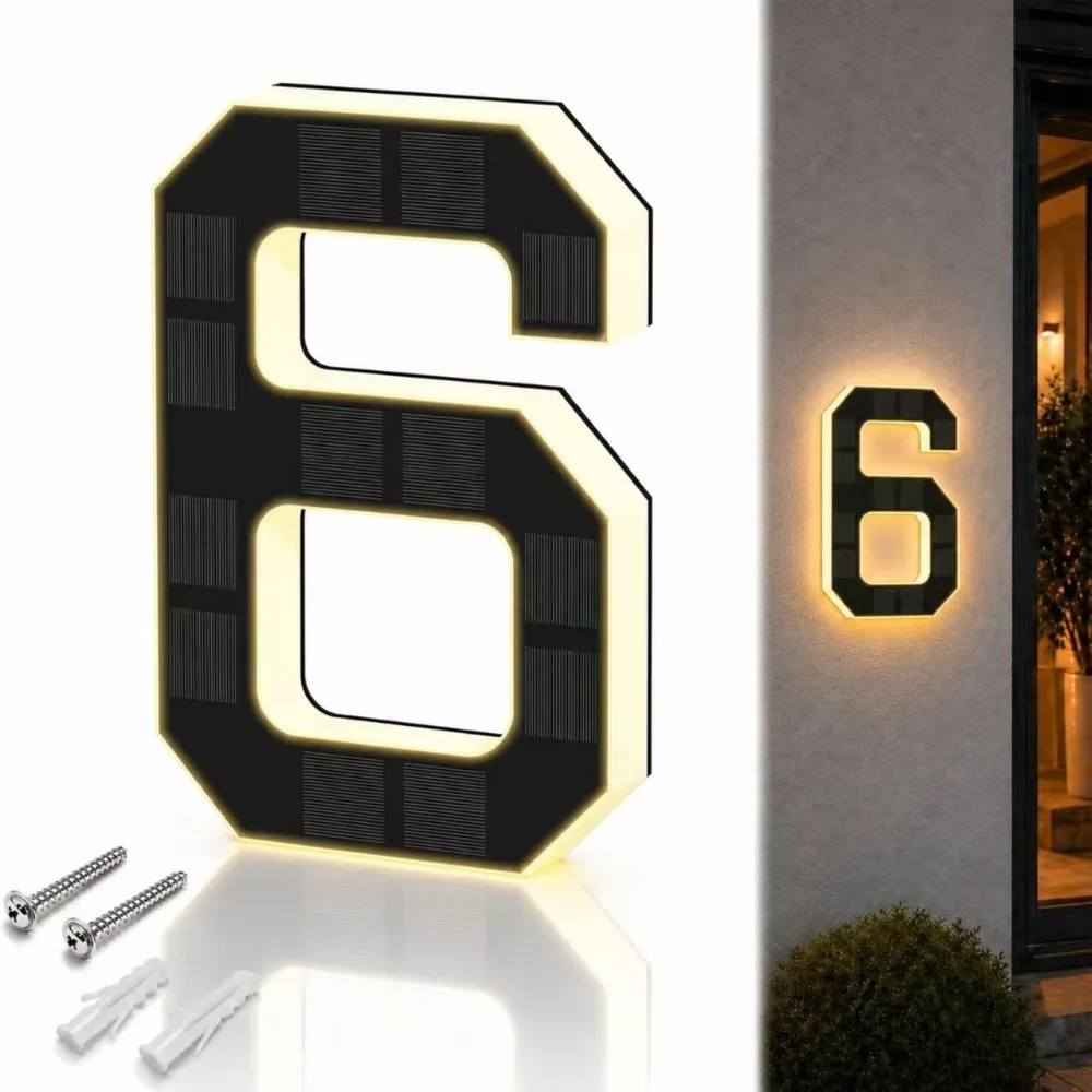 Solar Powered Solar House Numbers IP44 Waterproof 6.7 Inch Size Lighted House Numbers LED Illuminated Light Up Design