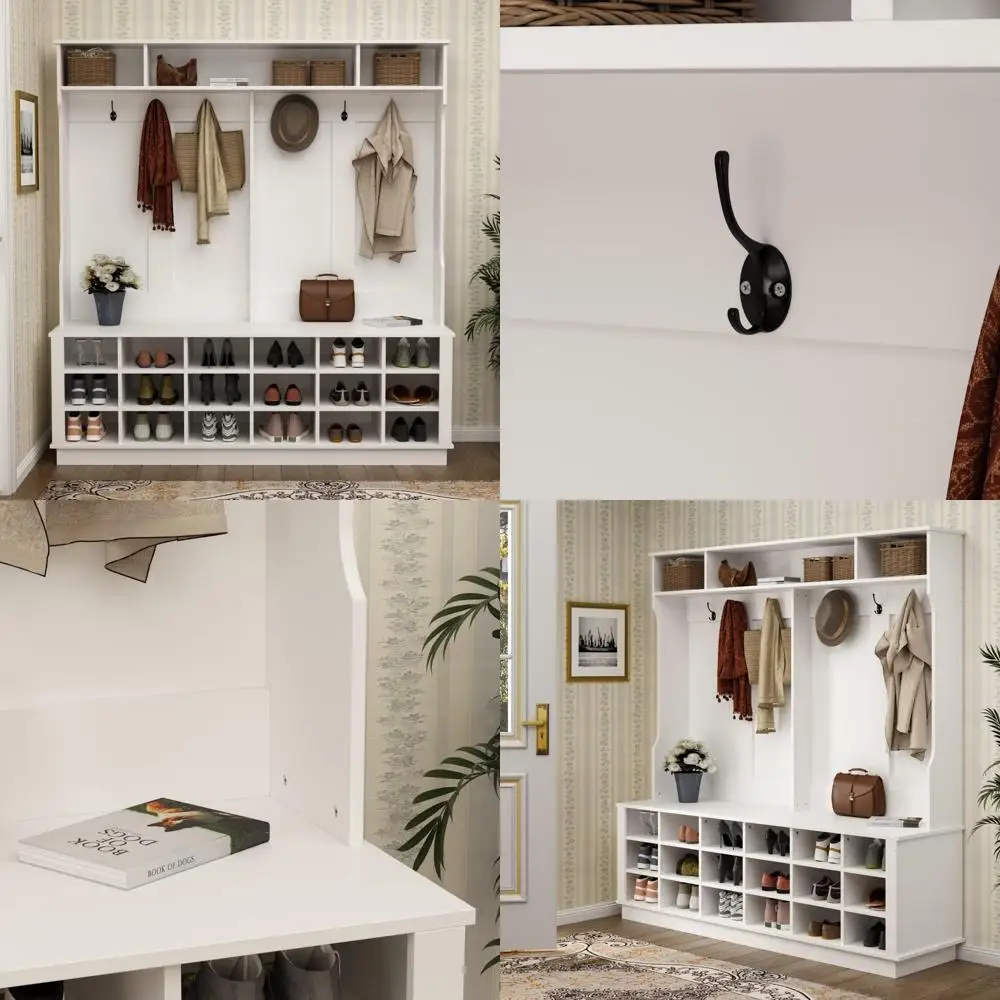 large 3-in-1 hall tree, entryway tree with shoe bench and coat rack, 18 storage cube 6 hanging hooks, white (63'' l x 17.3'' w