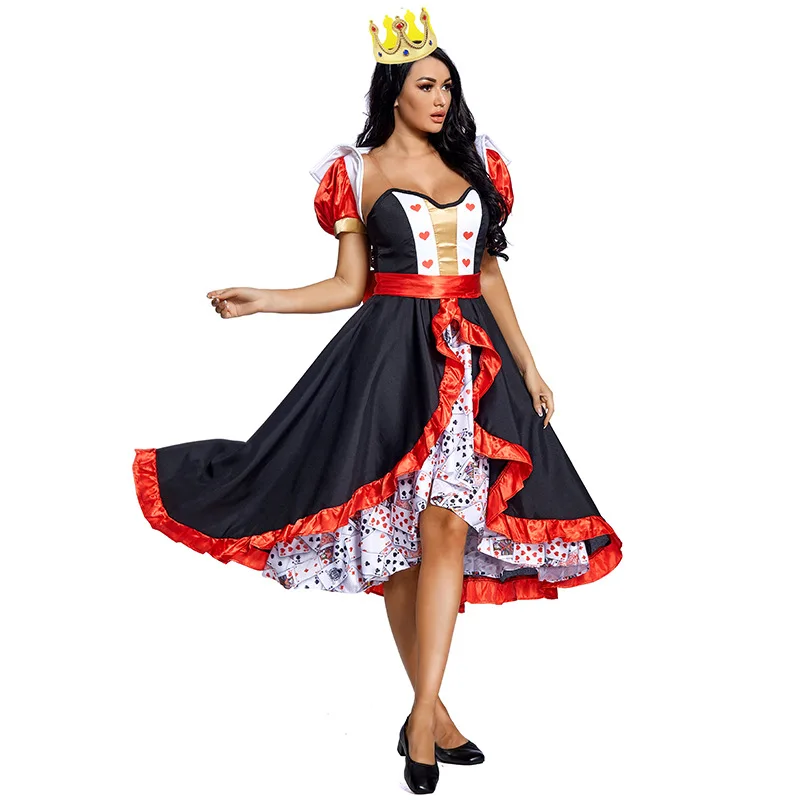 

Cosplay Red Queen of Hearts Costume Women Poker Queen Sexy Dress with Crown Alice in Wonderland Halloween Carnival