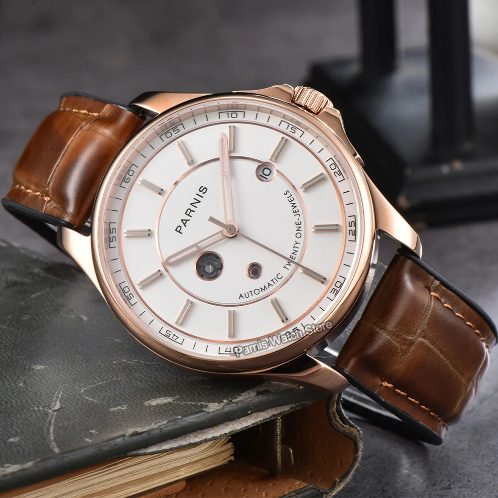 Parnis 42mm Blue Dial Rose Gold Stainless Steel Case Sapphire Crystal Automatic Men's Watch