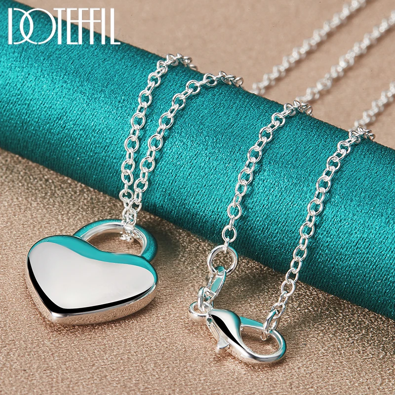 DOTEFFIL 925 Sterling Silver Square/Heart Lock Pendant Necklace 16-30 inch Chain For Women Man Wedding Engagement Jewelry