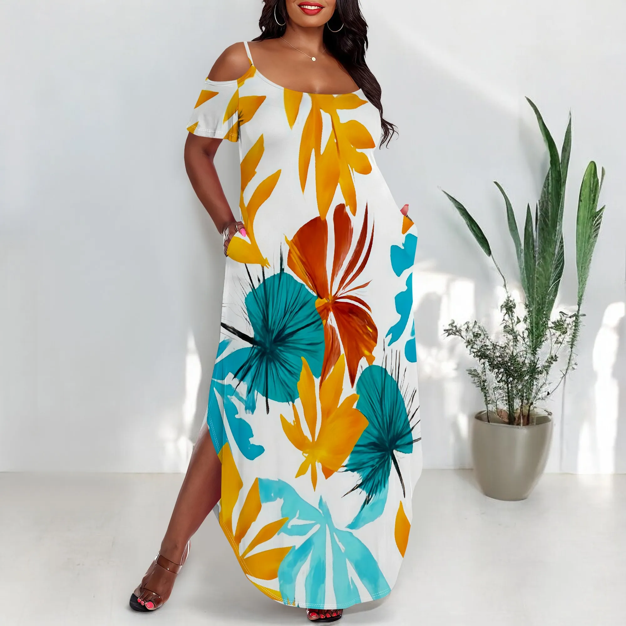 

Plus Size Women's Cold Shoulder Maxi Dress Abstract Floral Print Summer Beach Party Sundress XL-6XL