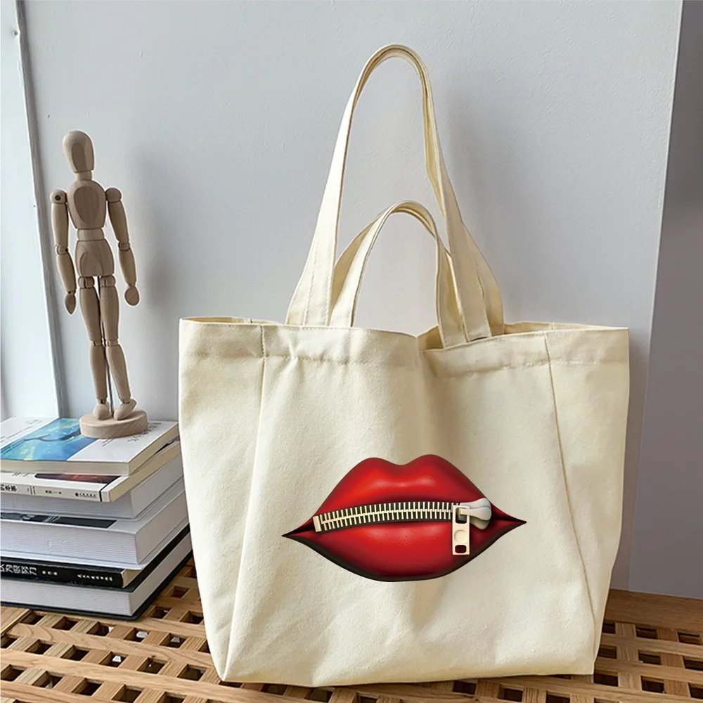 Women's Fabric Shopping Bag Fashion Trend Classic Mouth Series Pattern Shoulder Bag Reusable Black Print Canvas Tote Bag Shopper