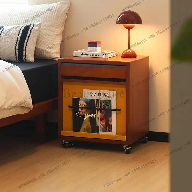 Zj. Medieval style solid wood bedside table ins Internet celebrity color matching flap door bedside table
