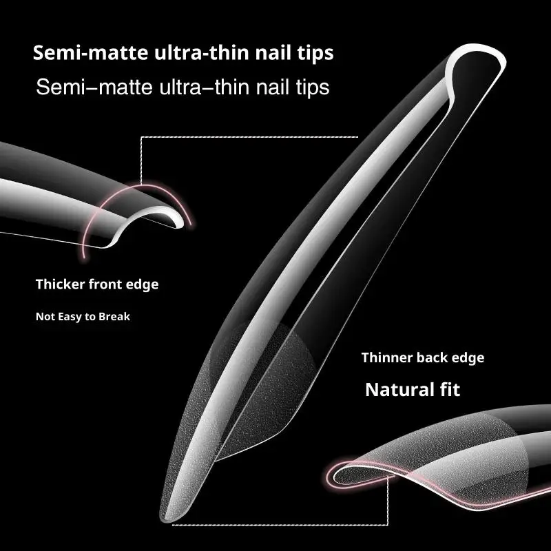 216 pièces presse sans couture sur faux ongles conseils Transparent couverture complète pointe d'ongle demi-mat Long cercueil amande ongles artificiels