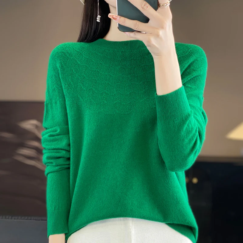 Seamless Women's Knitted Cashmere Pullover Fashion Wool Sweater Half height Neck Long Sleeve Warm Pattern hollowed out style top