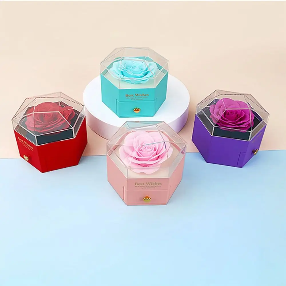 Rose Flower Jewelry Ring Box Luxury Hexagonal Pendant Necklace Box Jewelry Display Multi-function Wedding Storage Case