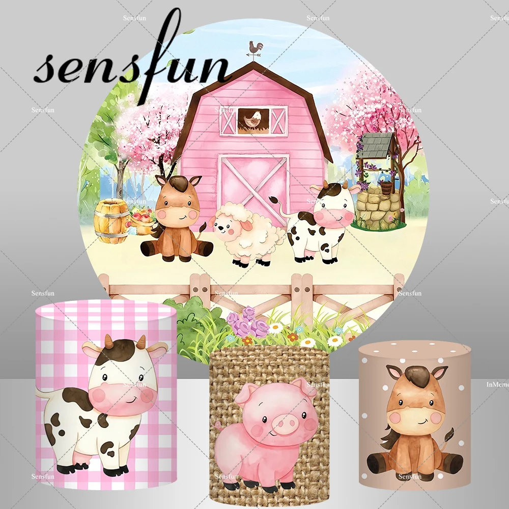 الوردي الفتيات مزرعة موضوع حفلة عيد ميلاد دائرة مستديرة خلفية غطاء الحيوانات البقرة خنزير الحصان اسطوانة يغطي