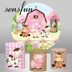Pink Girls Farm Theme Birthday Party Circle Round Backdrop Cover Animals Cow Pig Horse Cylinder Covers