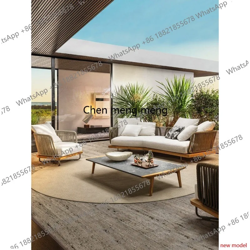 Outdoor sofa round chair coffee table rattan open-air combination, solid wood furniture
