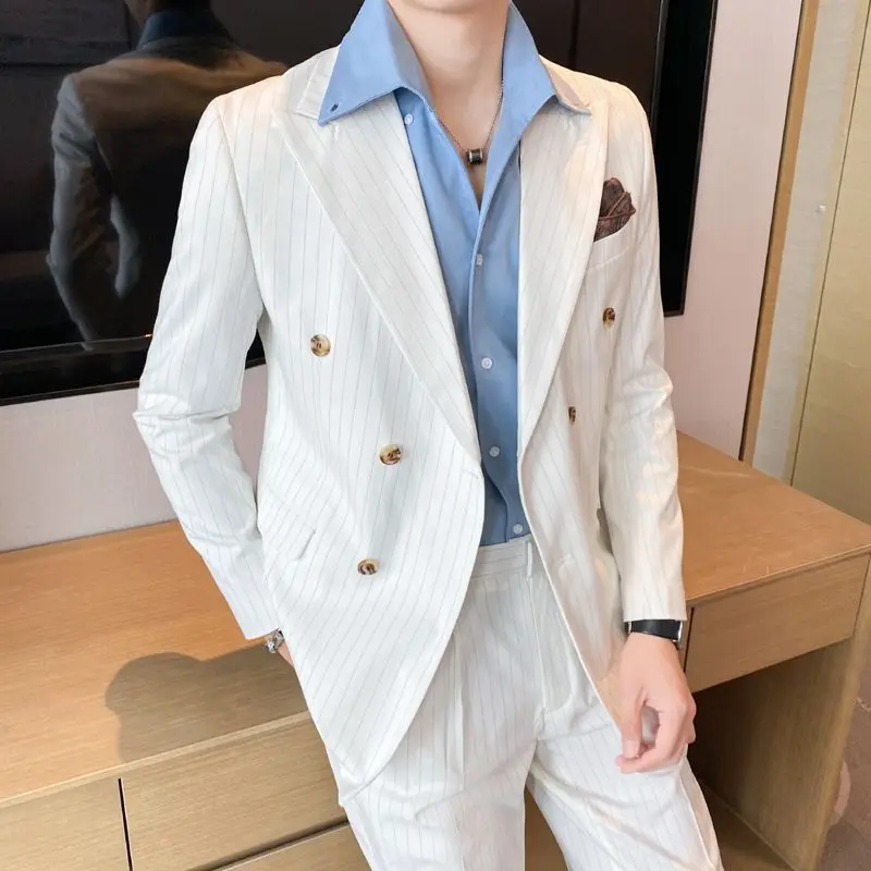 1-A13 Men's Spring and Autumn Thin suit White Suit with Butt Neck Casual Striped Double-breasted Suit Jacket Fashionable