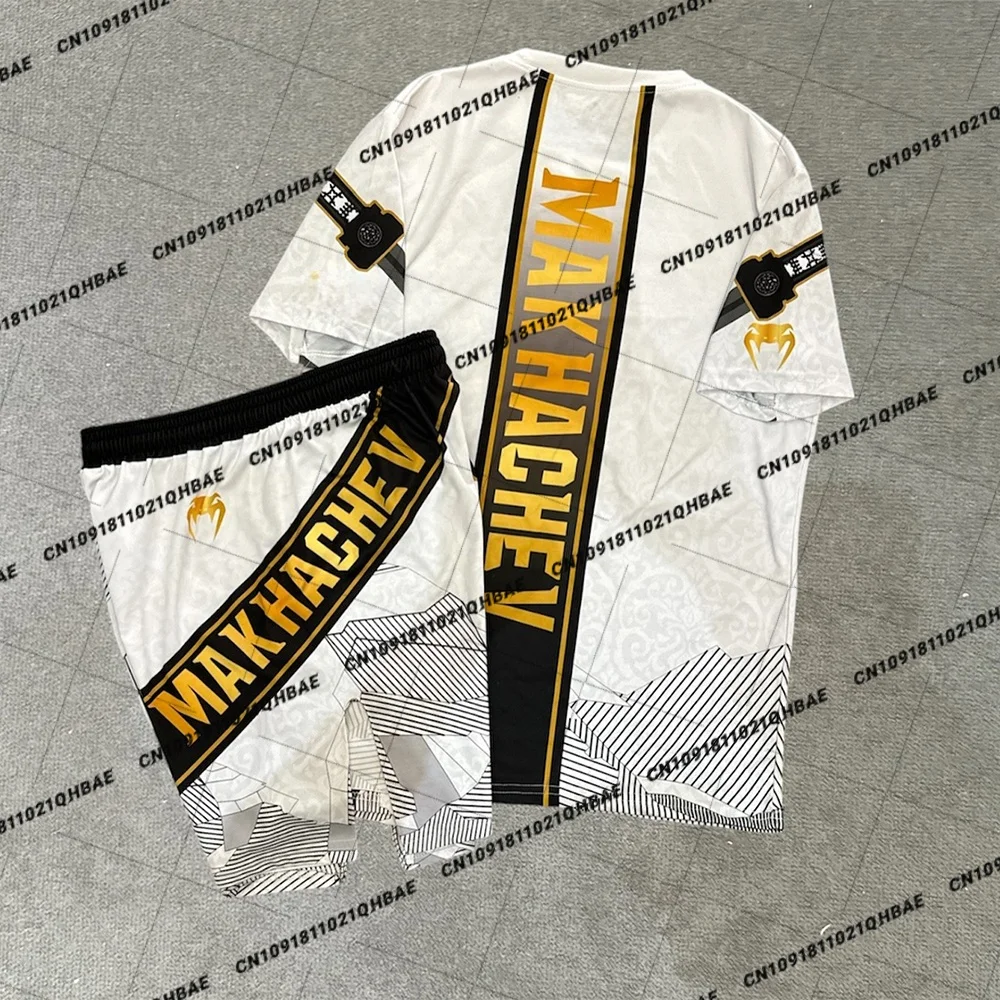 Sommer-Boxer-Set für MMA mit Oktagon-Käfig, Islam Makhachev T-Shirt und Shorts, Herren-Sport-Trainings- und Laufset, Schnelltrocknendes Kampfset