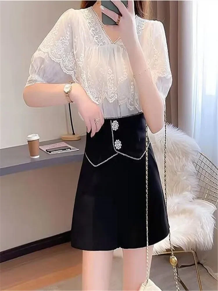 2024 Summer New Women Beads Diamond Wide Leg Pants Korean High Waist Loose Pantalones Cortos Ladies Casual Suit Short Pantskirt