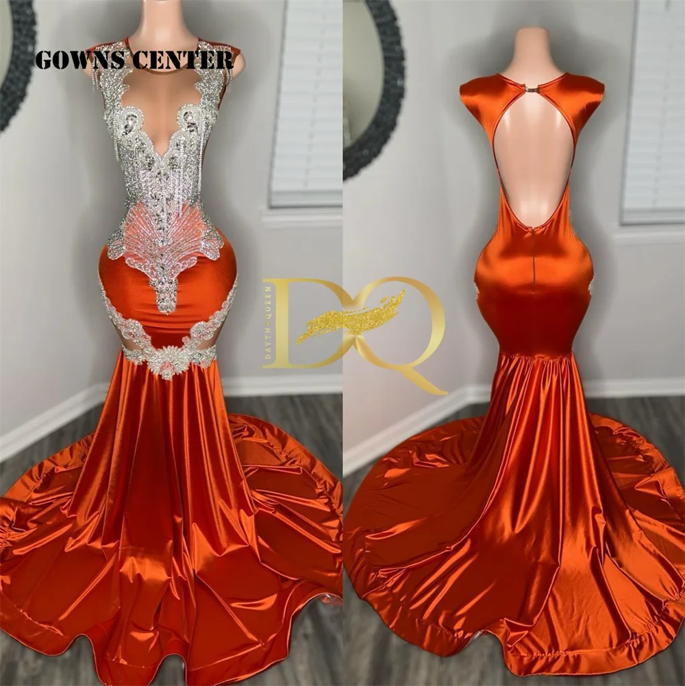 Dirty Orange Rhinestone Prom Dress For Wedding Tassels Sparkly Gillter Mermaid Birthday Reception Gown See Thru Customized