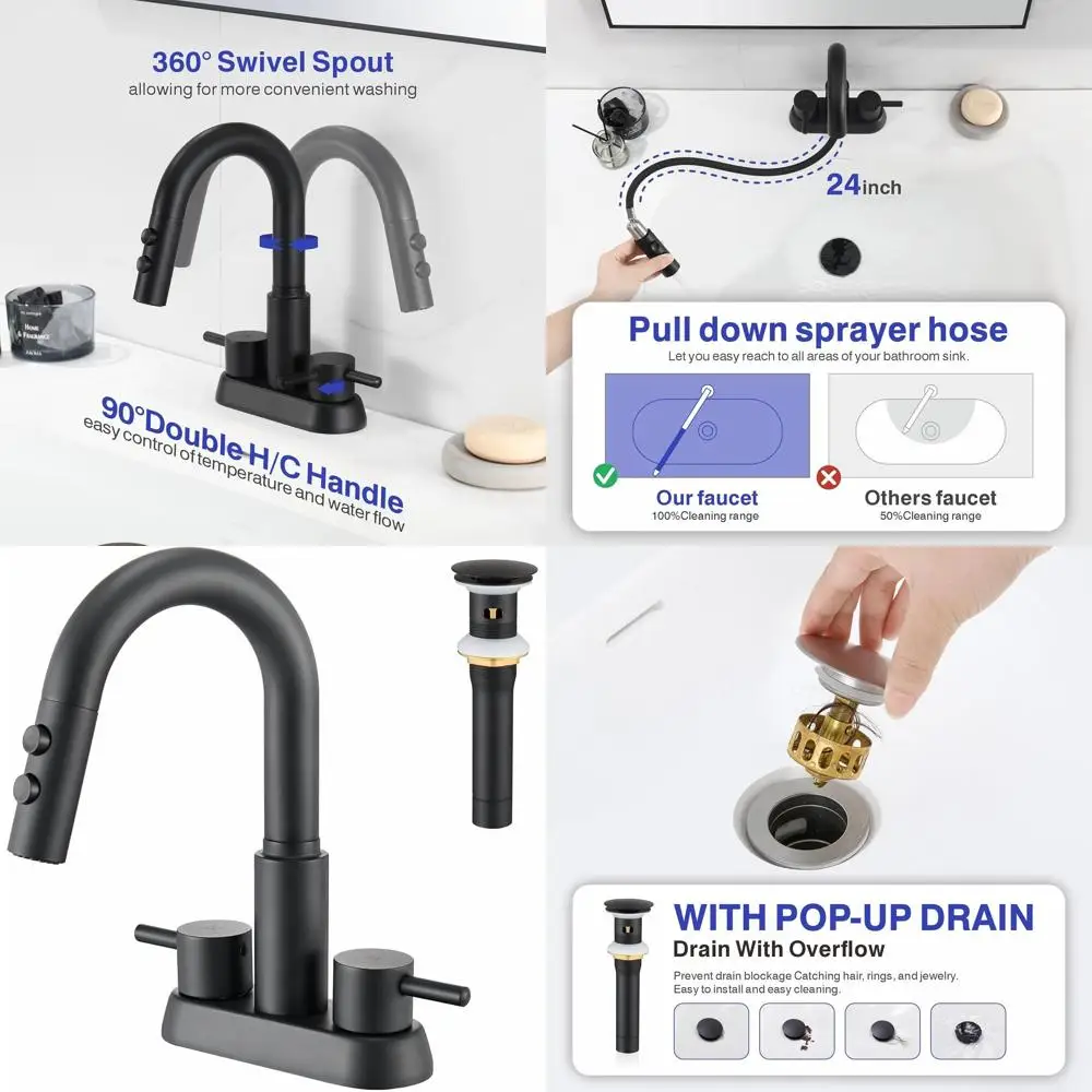 صنبور رش قابل للسحب بثلاث فتحات باللون الأسود غير اللامع مقاس 4 بوصات مع مقبضين لحوض الغسيل، KBL-6002B