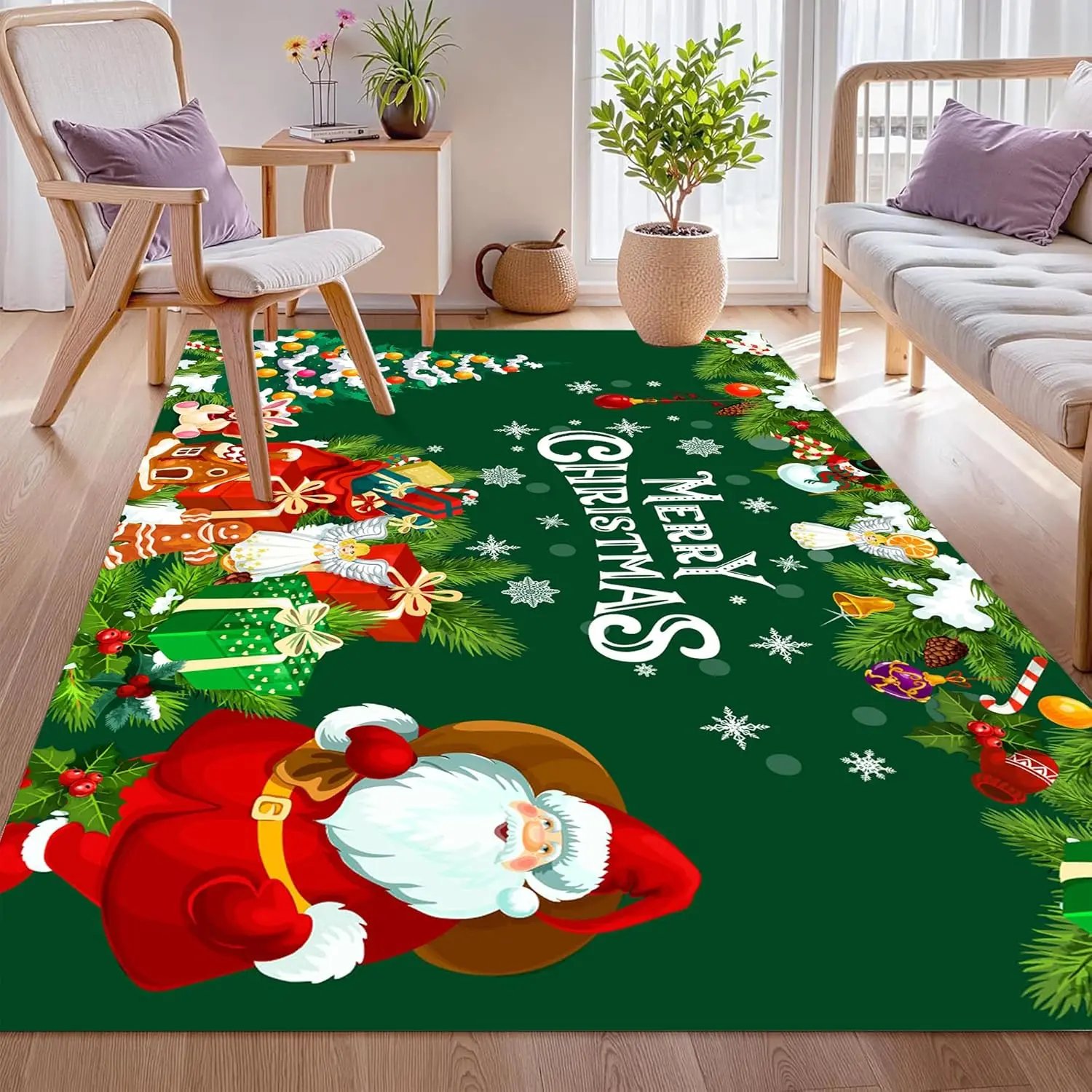 Christmas Green Area Rug Merry Christmas Santa Claus Rugs Xmas Tree Gingerbread Holiday Carpet for Living Room Bedroom Home
