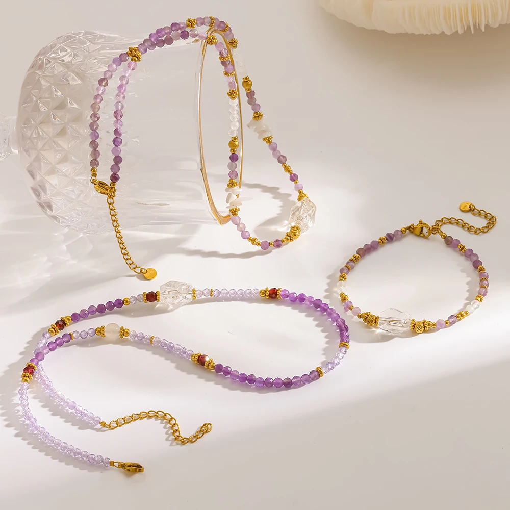 

Dainty 18K Gold Plated Purple Natural Stone Jewelry Set Elegant Stainless Steel Beaded Necklace Bracelet for Women Artisan Gift
