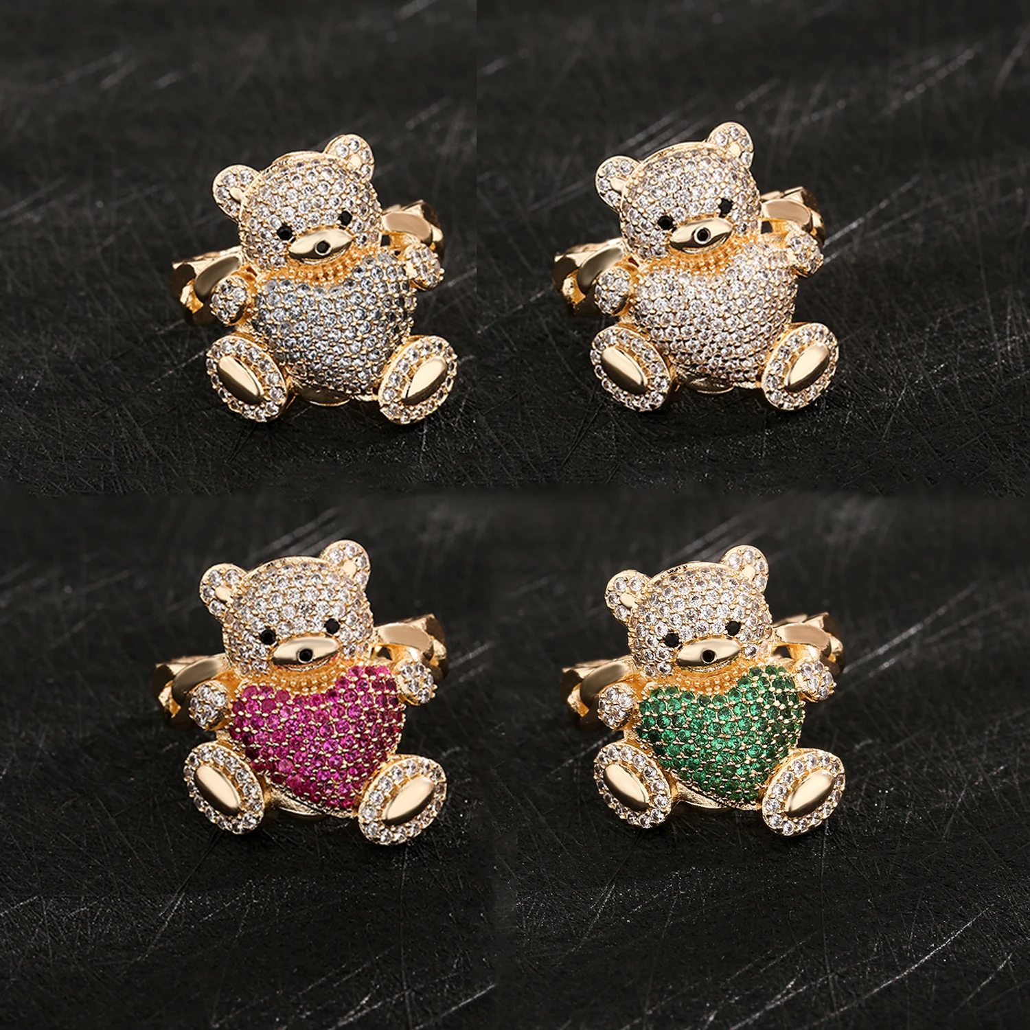 VCT cute green crystal bear ring women's copper gold-plated ring animal ring love bear cubic zirconia jewelry friend gift