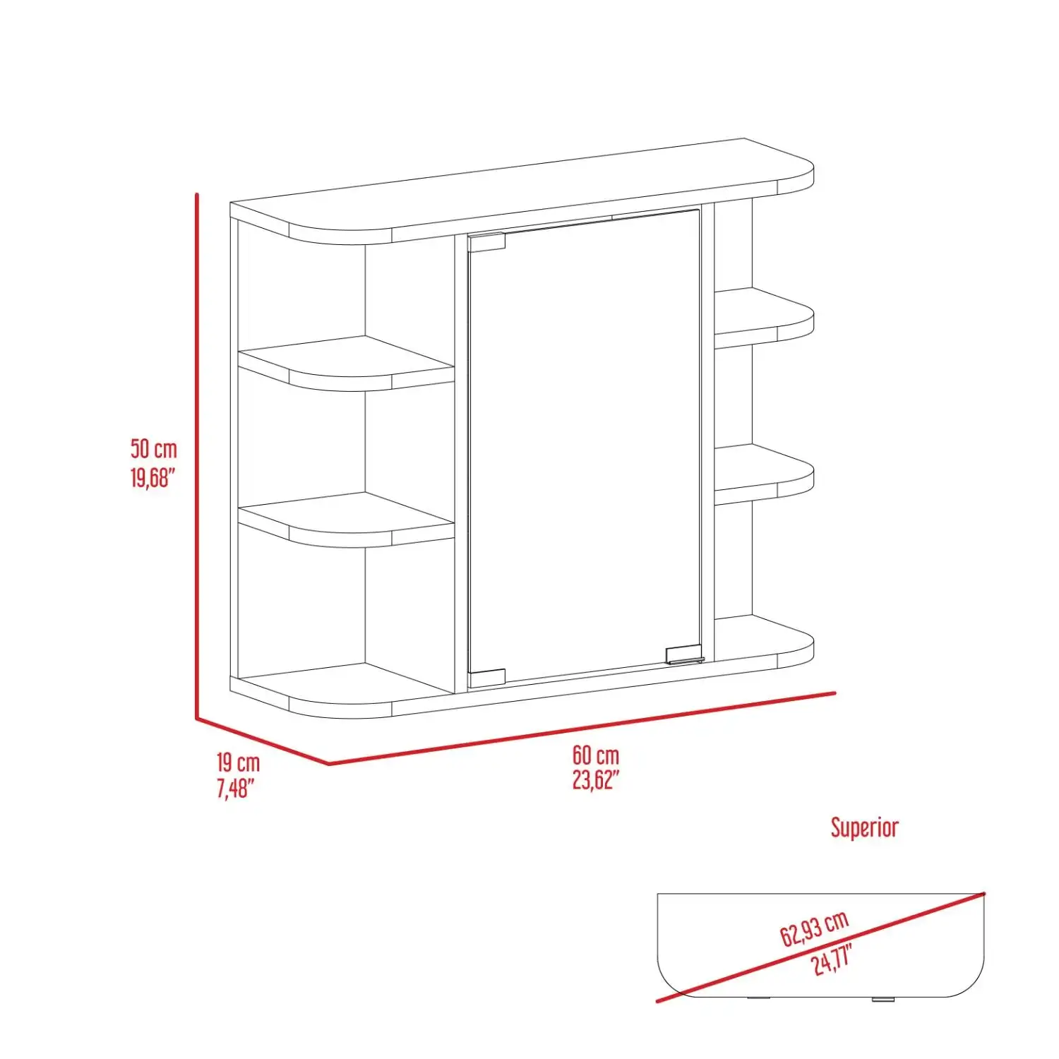 Milan Medicine Cabinet, Six External Shelves Mirror, Three Internal Shelves Black