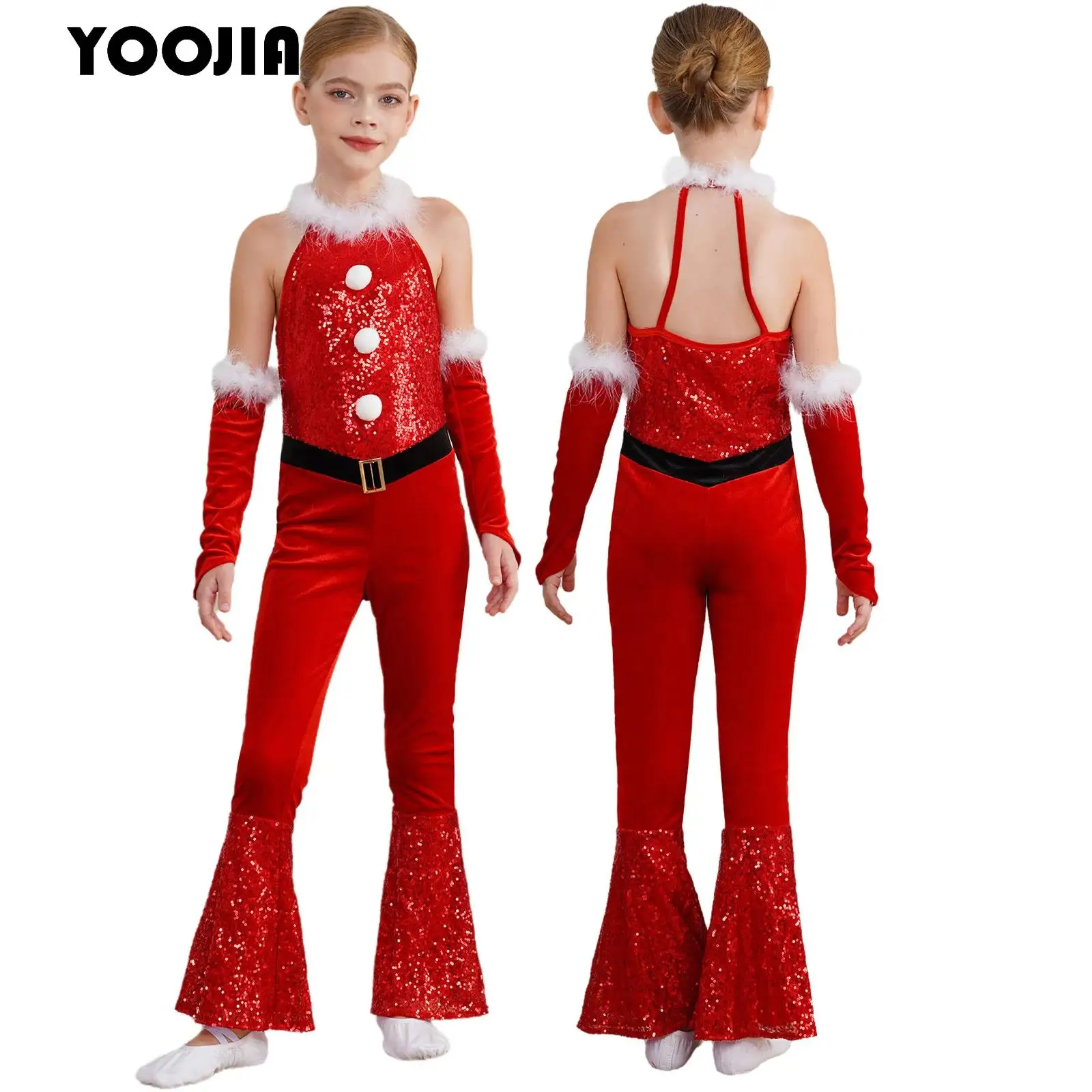 

Moden Jazz Hip Hop Christmas Dance Set for Kids Girl Sequins Plush Neck One Piece Sleeveless Velvet Flared Jumpsuit Bodysuit Set
