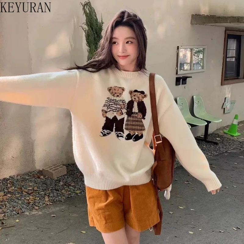 

Vintage Cartoon Jacquard Knitted Sweater Women Pullover Autumn Winter Harajuku Casual Korean Loose Sweaters Jumpers Sueter Mujer