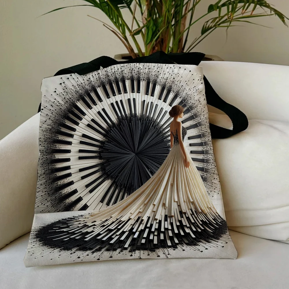4pcs Piano Girl Large Capacity Linen Tote Bag