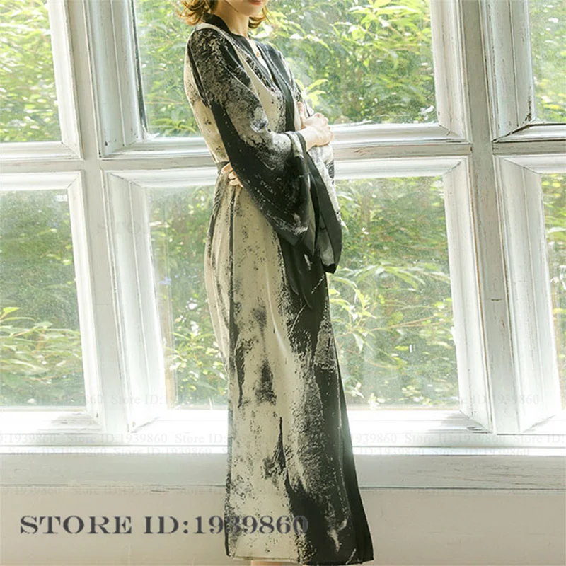 Female Long Robe Kimono Bathrobe Gown Print Dyeing Nightgown Sleepwear Spring Summer New Loungewear Loose Casual Satin Homewear