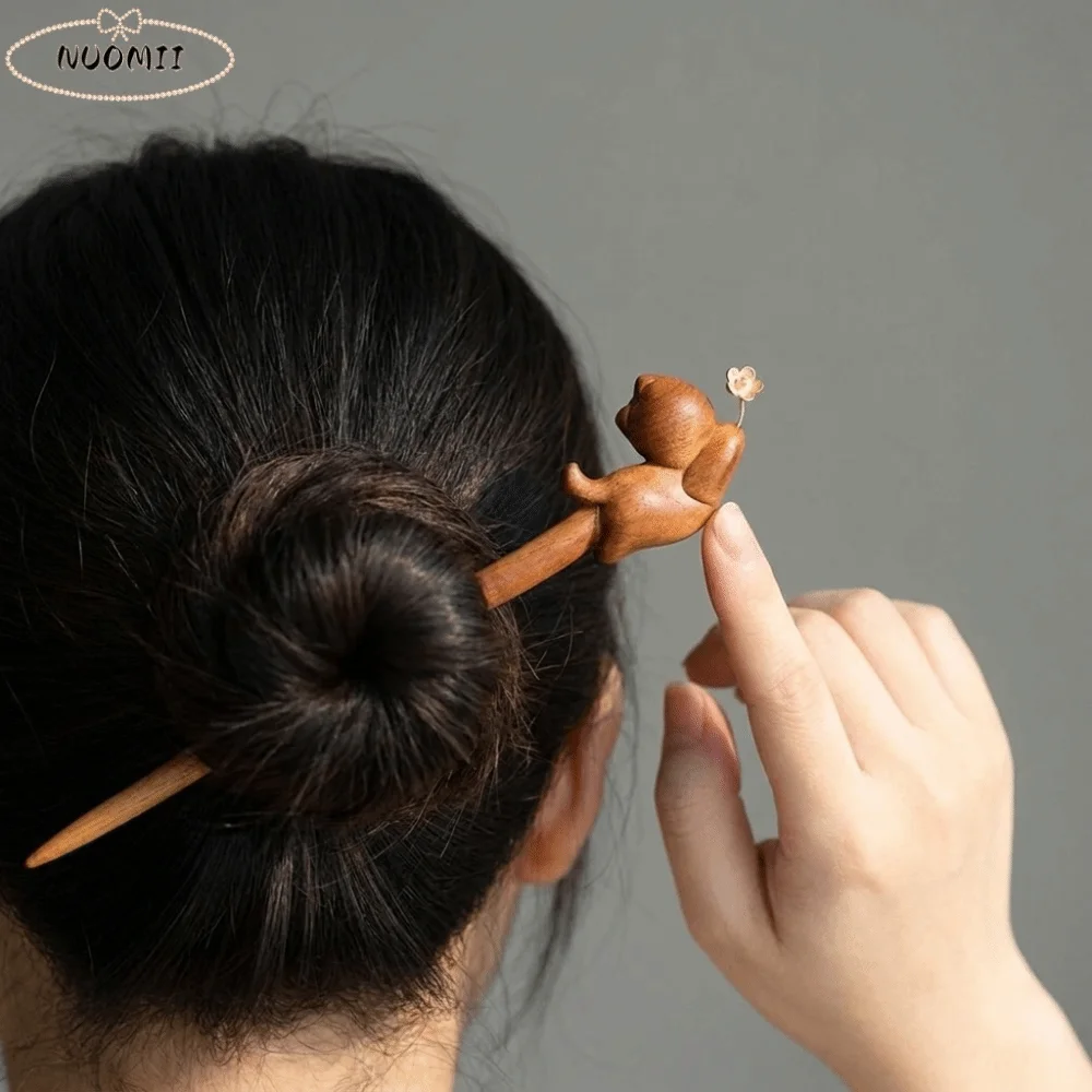 Cartoon Sandalwood Hair Stick Animal Shape Wooden Wooden Cat Hair Stick Girl Hair Accessories Chinese Style