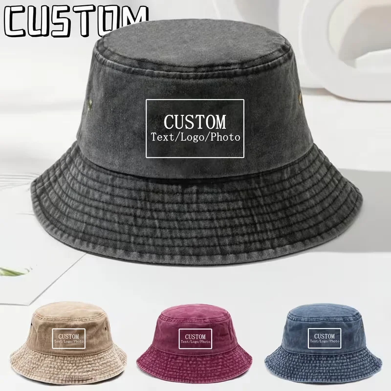 Custom Print Embroidery Logo Unisex Bucket Hat Fashion Washed Denim Cap Men Panama Hats Women Outdoor Sunscreen Fisherman Caps