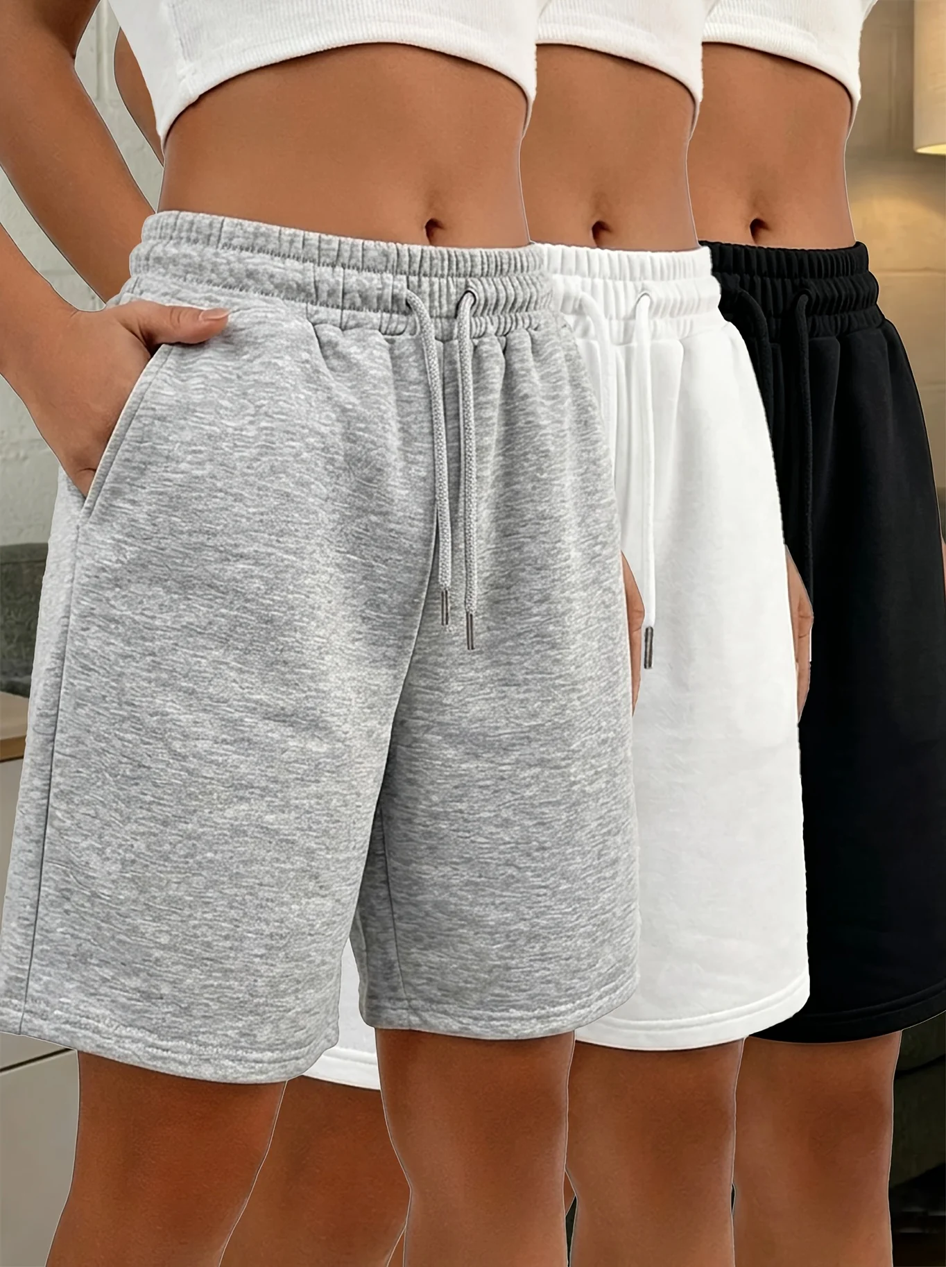 Pantalones cortos deportivos con cintura elástica y cordón, de estilo informal, con bolsillos, ideales para hacer ejercicio en casa, para el uso diario y para actividades al aire libre.