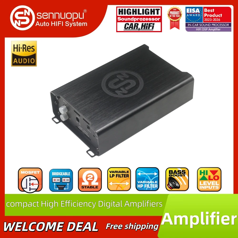 Sennuopu K400.2D Class‑D 2‑Channel Car Amplifier, Bridgeable Up to 1000W Monoblock, Digital Full‑Range Amp for Car Audio & Stage