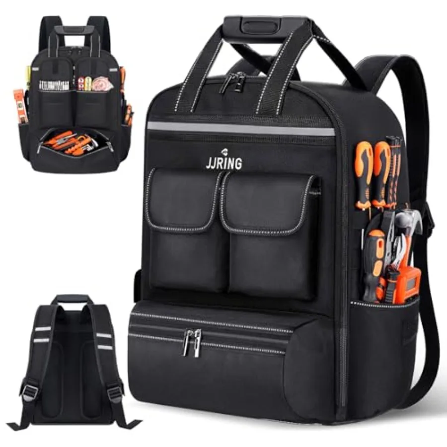 

Tool Bag Backpack For Men With 18 Tool Pockets Heavy-Duty Tool Storage Organizer Bag With Padded Shoulder and Waist Support Mul