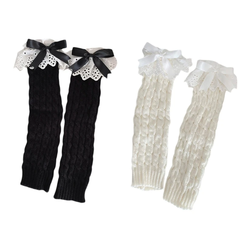 Women Ruffle Lace Bow Leg Warmers Socks Twist Cable Knit Solid Foot Cover