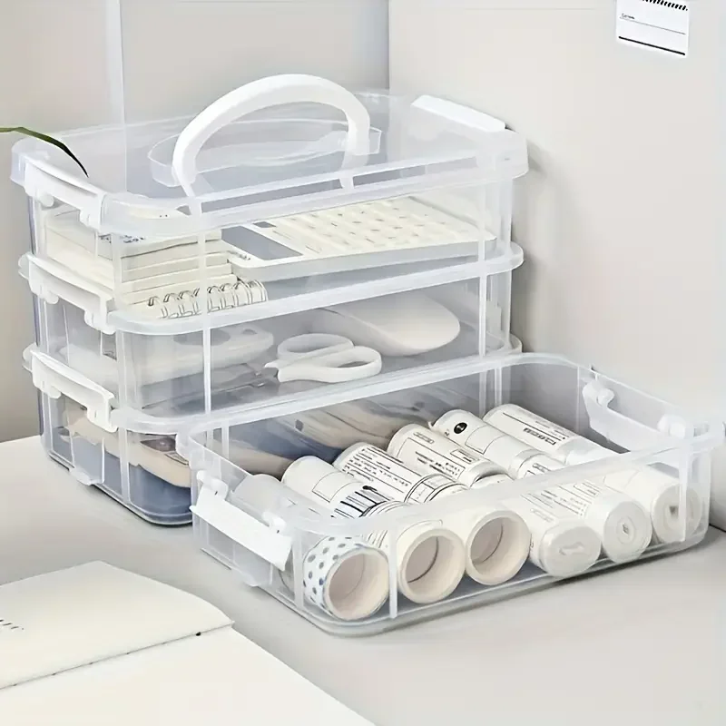 Large Capacity Desk Organizer Stationery Portable Office Accessories 4 Layers Transparent Organizers Storage Box School Supplies