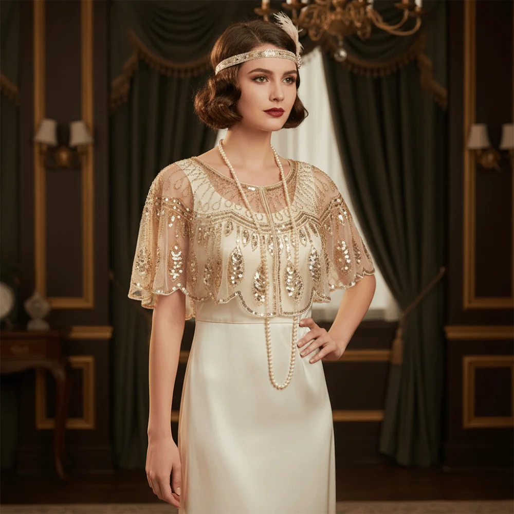 

Ретро-пончо с пайетками, винтажный стиль, вышивка, пайетки, кисточки, ажурная шаль, тема 1920-х годов, короткая накидка с пайетками и бисером