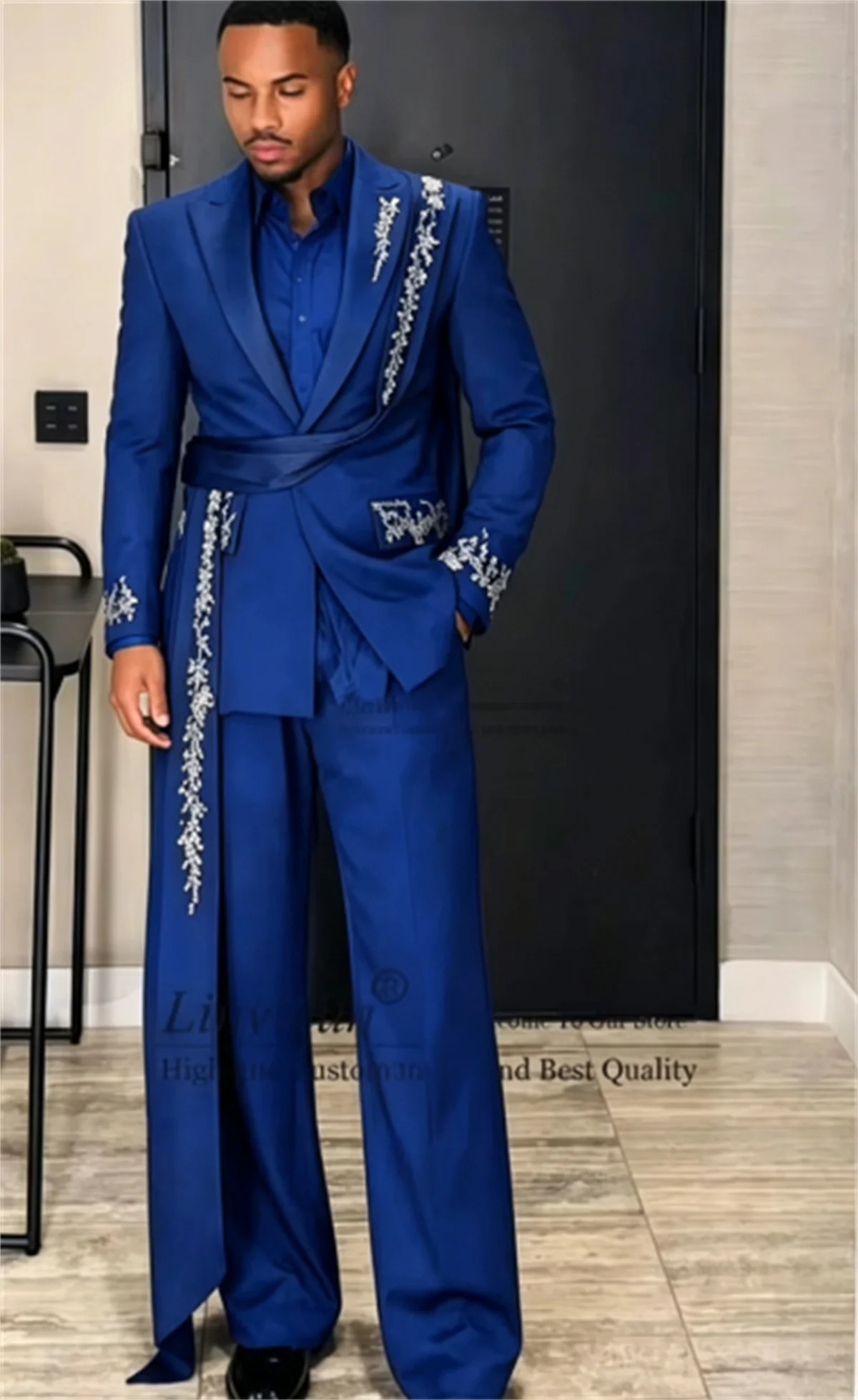 Ternos Masculinos com Cristais Brilhantes e Contas, Conjuntos de 2 Peças, Blazer Masculino para Noivo de Casamento, Smokings Personalizados para Festa, Cinto de Moda, Roupa Masculina
