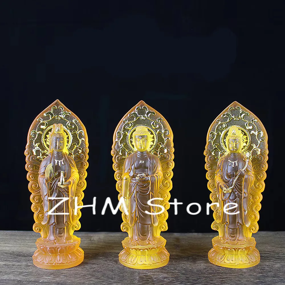 18cm Resin Yellow Color 3 Treasured Buddha of Statue,Amitabha/Mahāsthāmaprāpta/Guanyin Bodhisattva Figurine